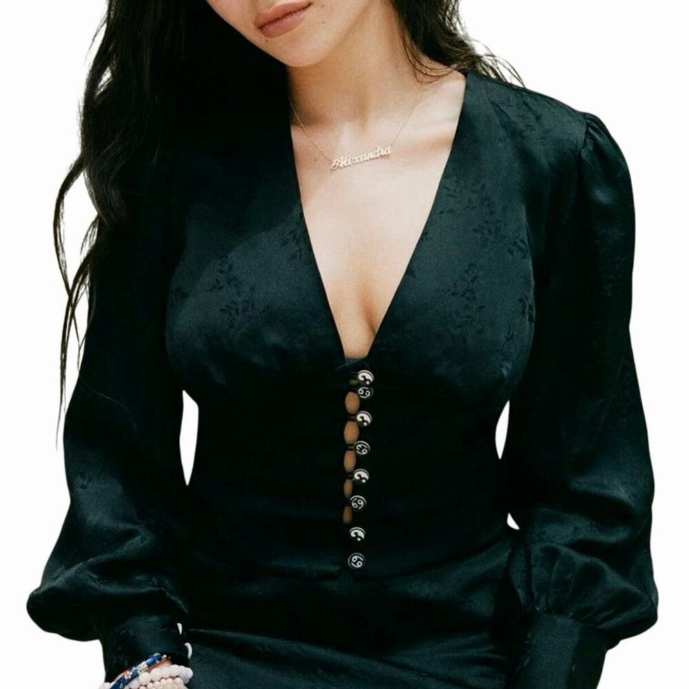 Realisation Par Silk Kaia Voodoo Black Blouse Floral Ying Yang Button XXS Corset